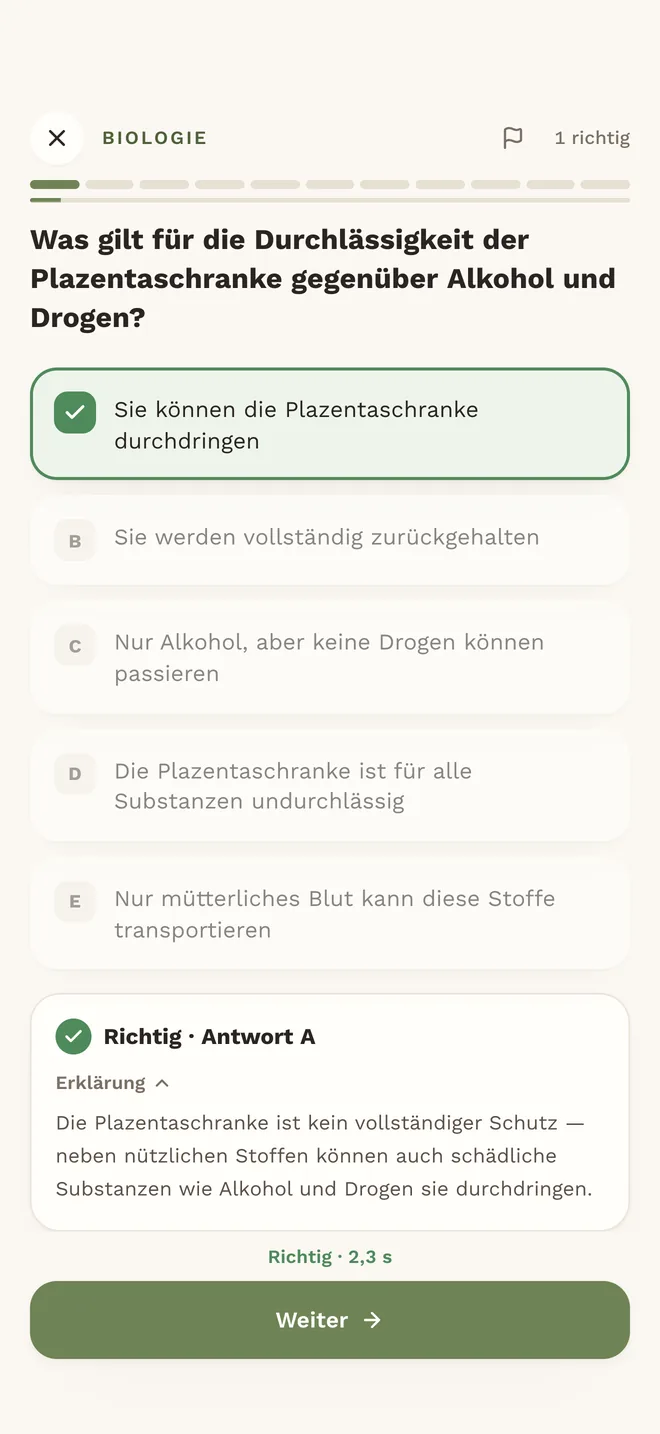 Biologie-Frage mit Erklärung in der App MedAT ONE
