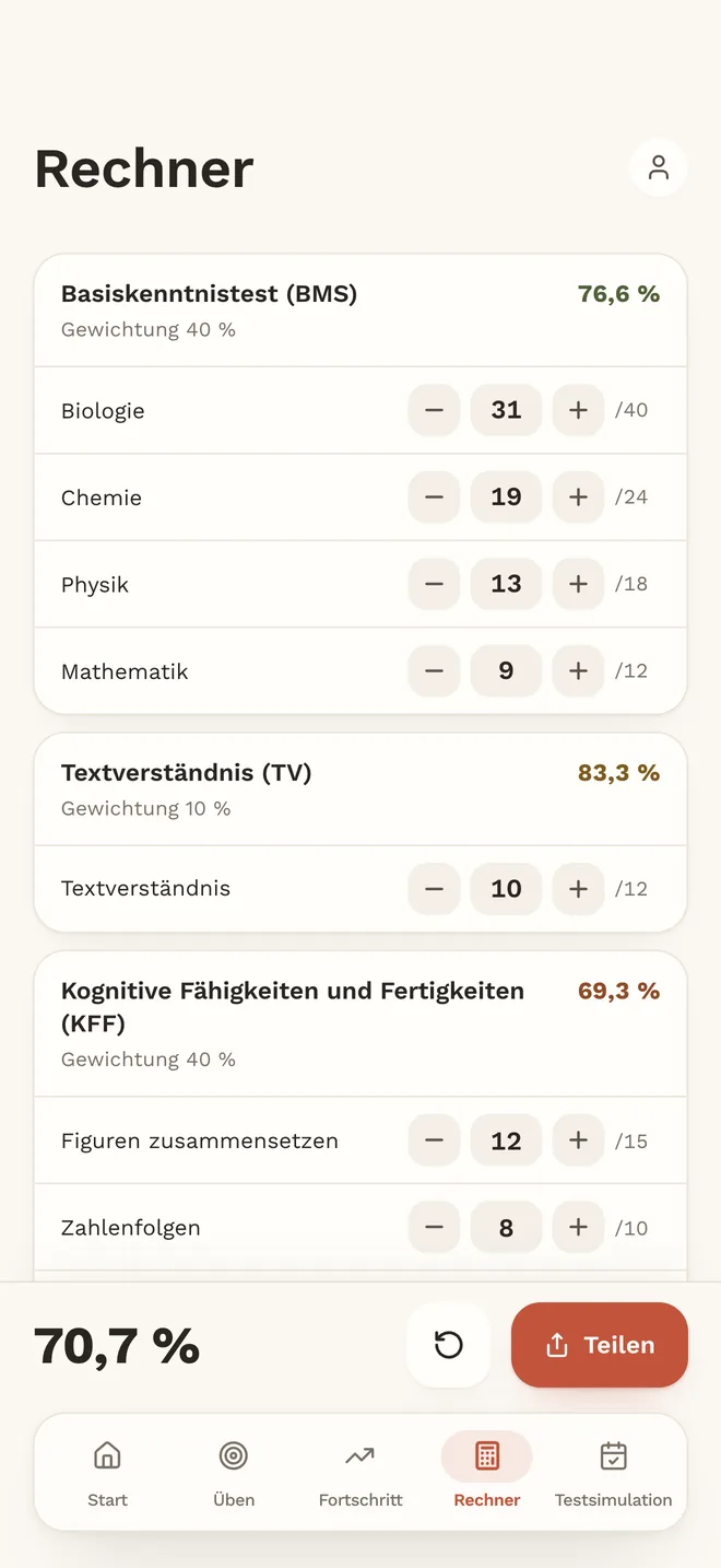 Der MedAT-Rechner in der App MedAT ONE