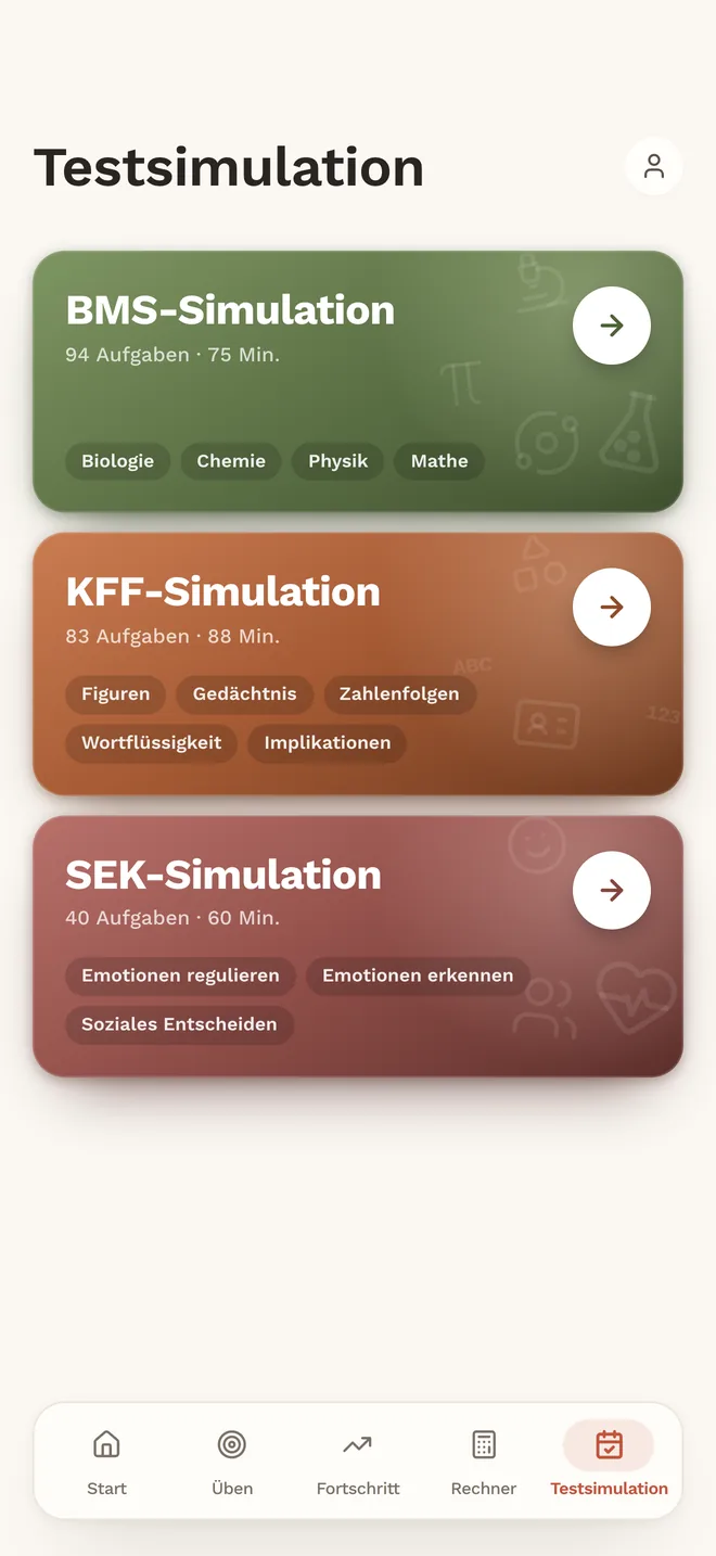 Testsimulation in der App MedAT ONE mit der KFF-Simulation