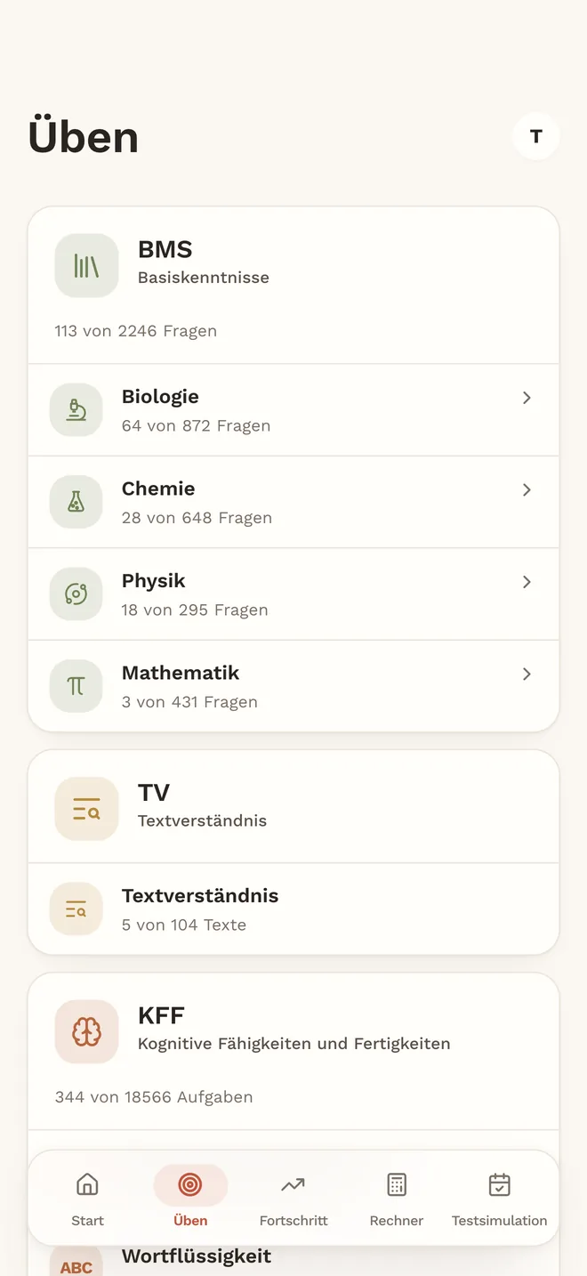 Übungsbereich der App MedAT ONE